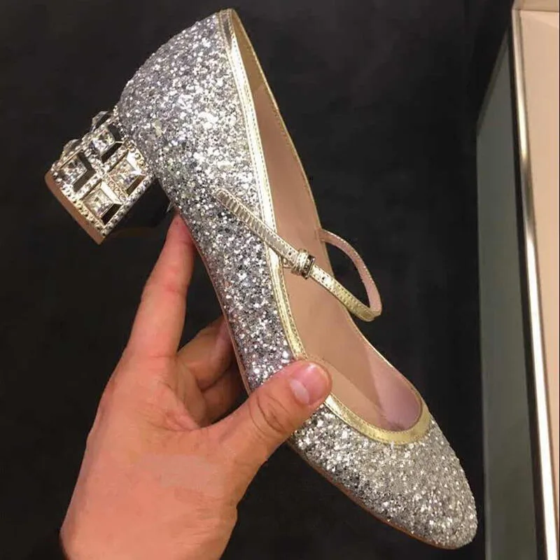 Туфли лодочки женские демисезонные на толстом высоком каблуке с серебристыми