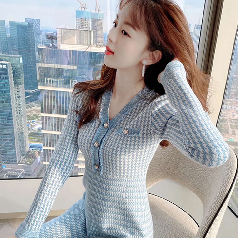 

Fashion Houndstooth V-neck Dress Spring Autumn 2021 Elegant Gentle Female Inner Wear Base Temperament Mini Knit Sweater Dress