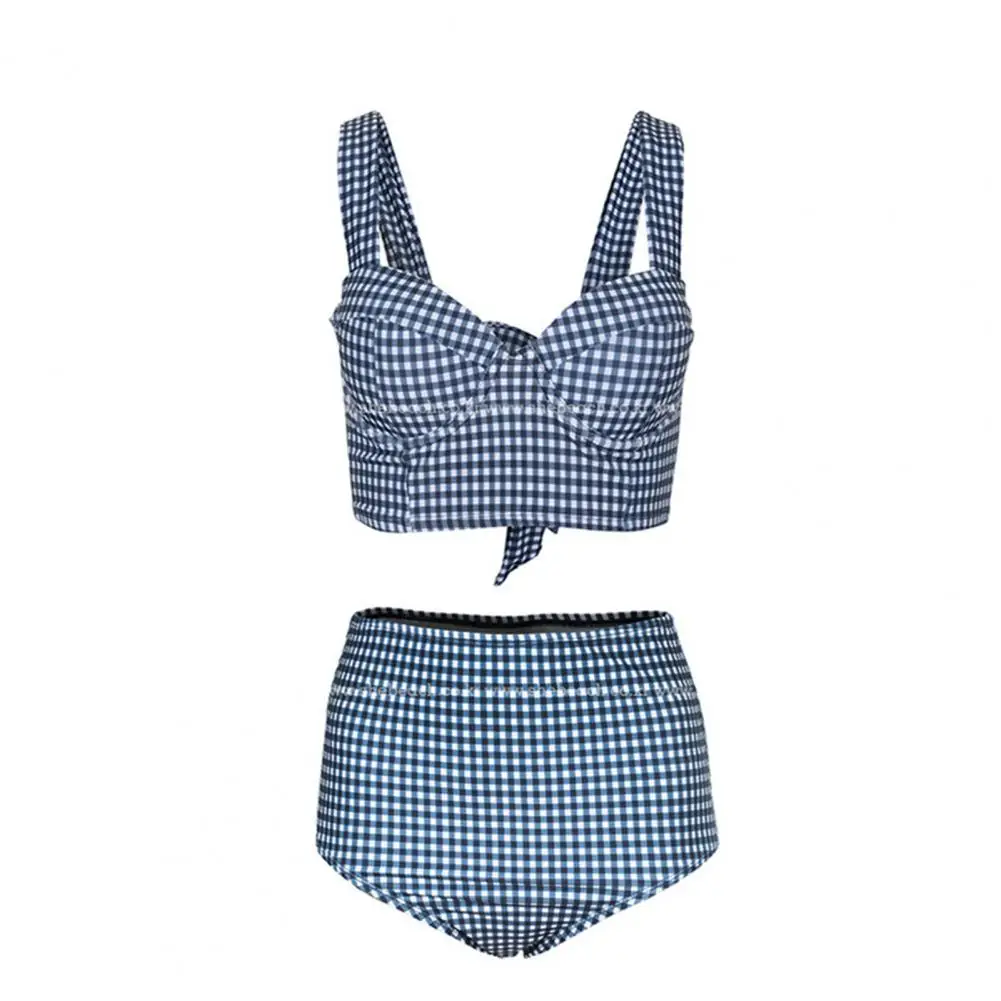 

Summer ladies sexy retro plaid high waist lace-up bow swimwear split plaid girls high waist ladies swimwear