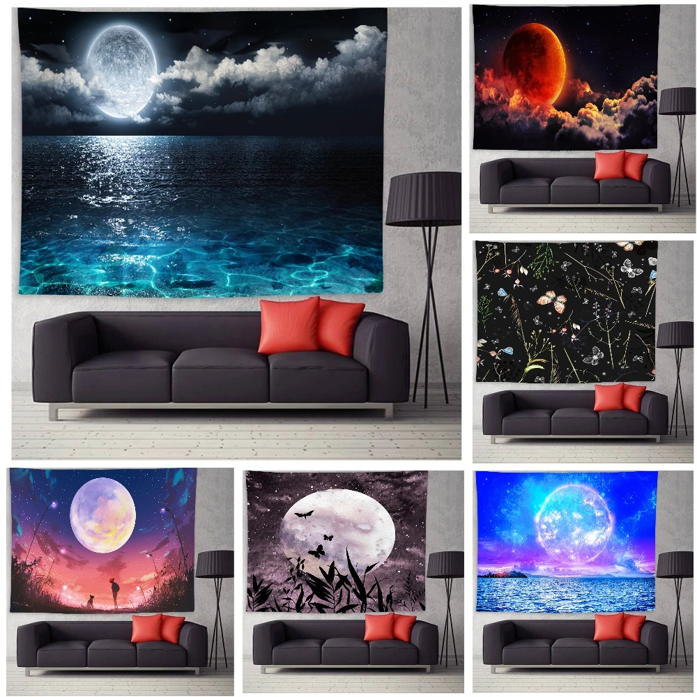 

Moon Lake Landscape Tapestry Night Moonlight Starry Sky Nature Scene Wall Hanging Decorative Blanket Home Bedroom Decor