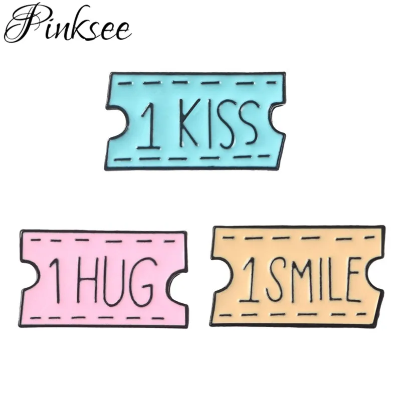 Pinksee новейший милый дизайн билетов &quot1 KISS 1 HUG SMILE&quot буквы Эмаль Брошь для женщин