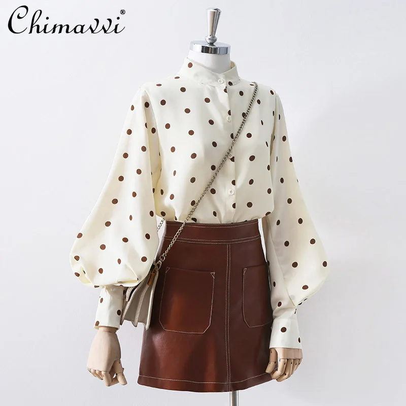 

Женская шифоновая рубашка в горошек, с длинным рукавом-фонариком, свободная, в Корейском стиле