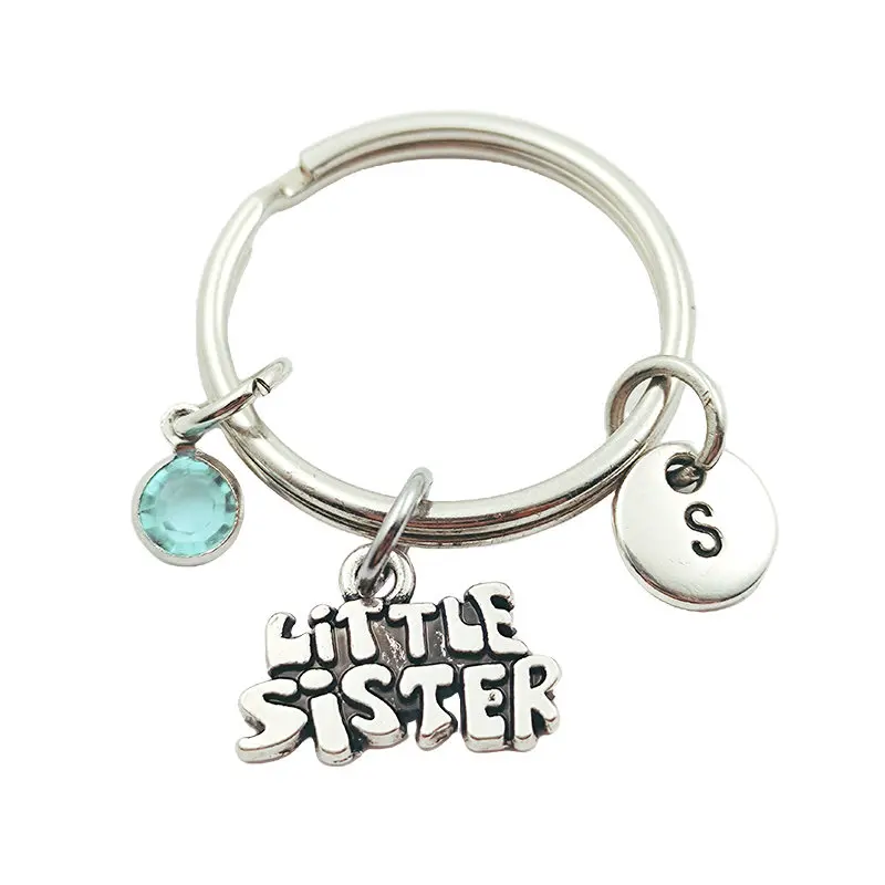 

Little Sister Initial Letter Monogram Birthstone Keychains Keyring Creative Fashion Jewelry Women Gifts Accessories Pendant