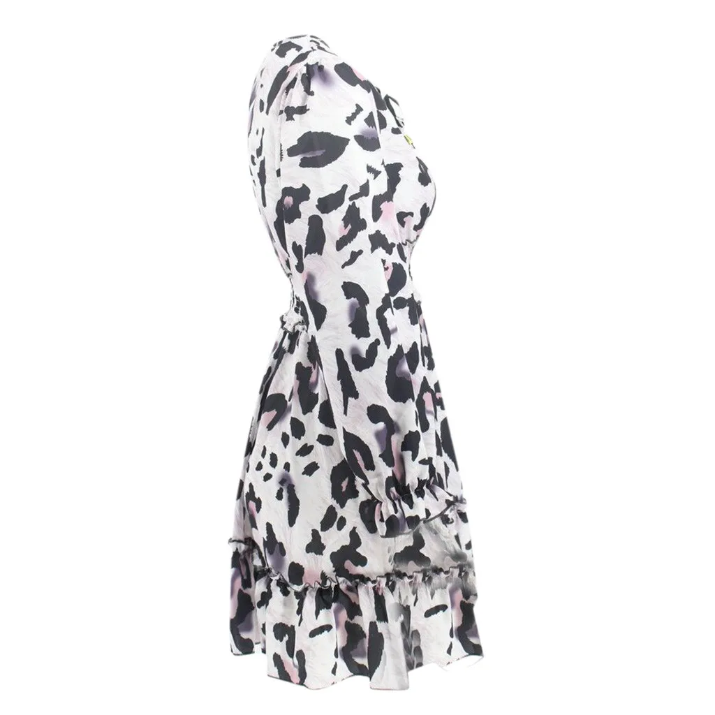 Fashion Women'S Lapel Puff Sleeve Dress Leopard Print Short Party Club Sports Casual Loose Comfort Z1125 | Женская одежда