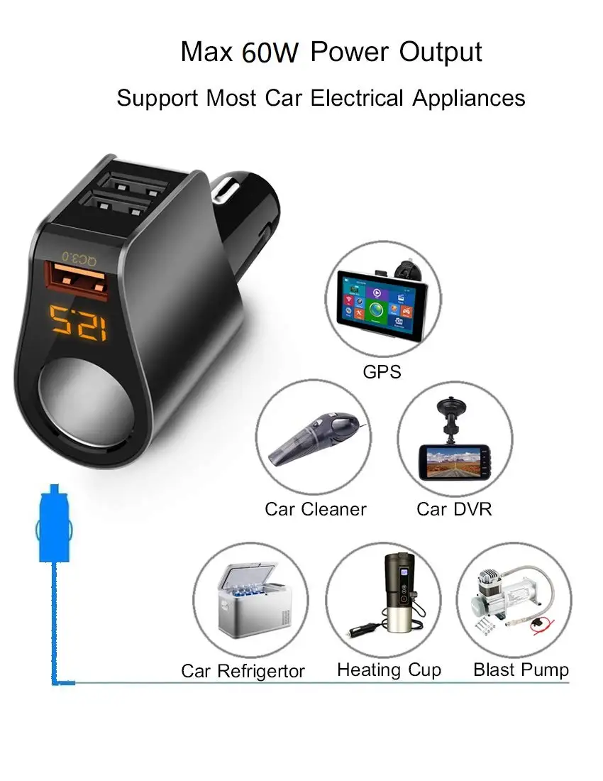 Автомобильное зарядное устройство с 3 USB-портами и цифровым дисплеем | Автомобили