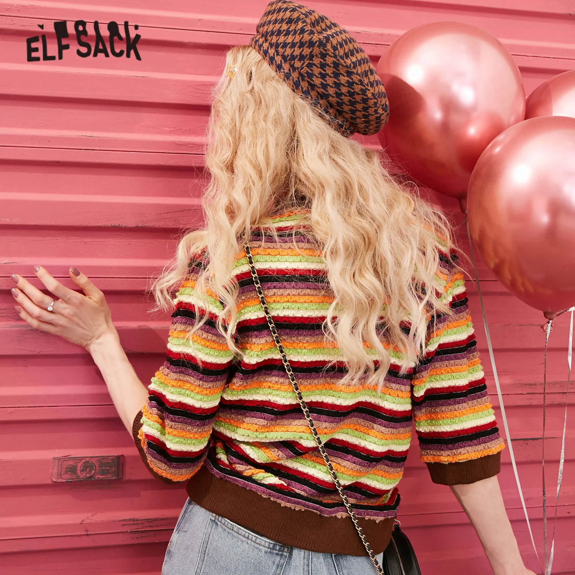 ELFSACK Rainbow Striped Korean Knit Pullover Sweater Women Clothes 2020 Spring Vintage Colorblock Female Slim Office Ladies Tops | Женская