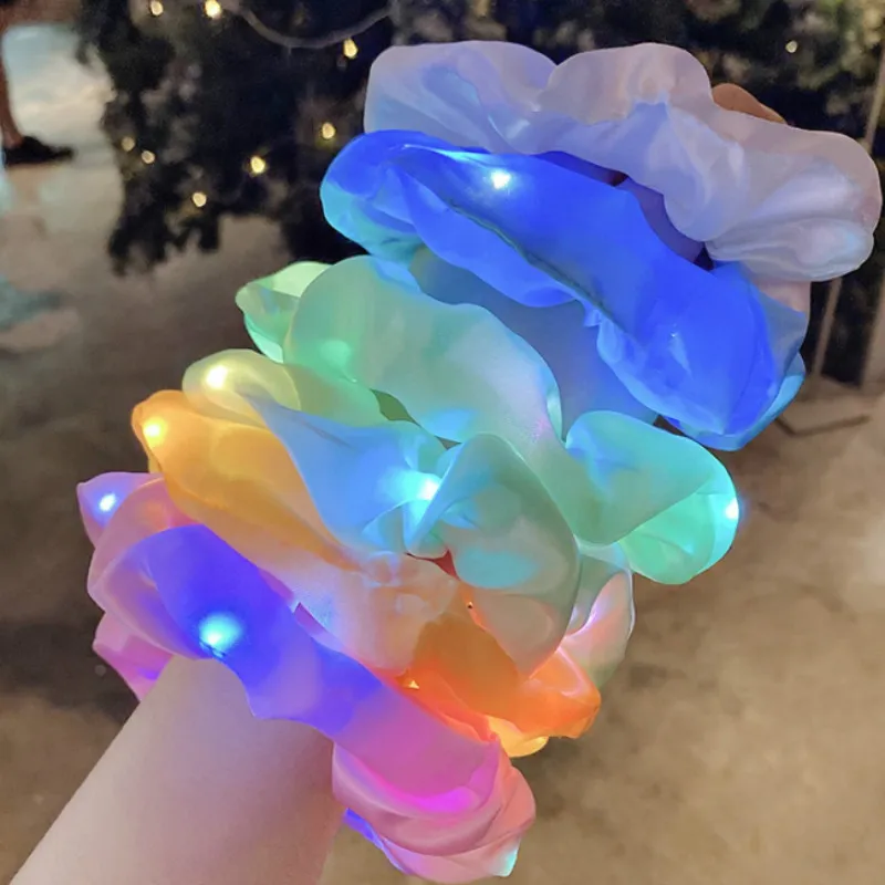 

LED Luminous Large Intestine Hair Ring Net Red Head Rope Bungee Hair Rope Korean Simple Rubber Band Hair Accessories