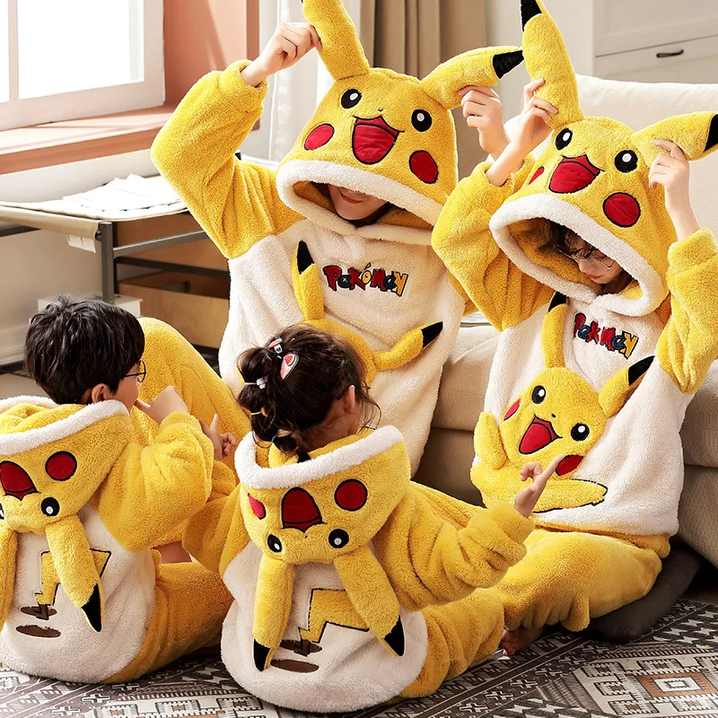 Pijamas Kawaii de felpa gruesa para padres e hijos, ropa de franela de manga larga con bonitos dibujos animados para el hogar y la familia, Invierno-2