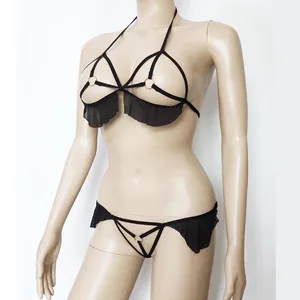 Сексуальный бюстгальтер с открытой чашкой, топ и трусики, бикини, нижнее белье с металлическими кольцами и кружевной отделкой, комплект нижнего белья без выреза, фантазия, Лидер продаж