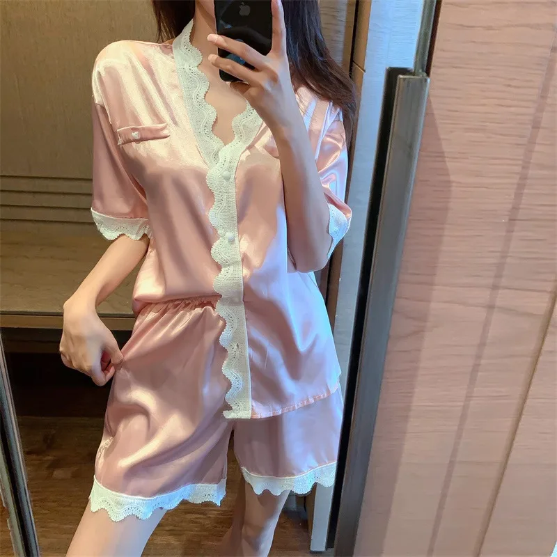 

High-End Ins Style Sexy Ice Silk Pajamas Suit Women's Summer Short Sleeve Shorts Two-Piece Home Wear Korean Style