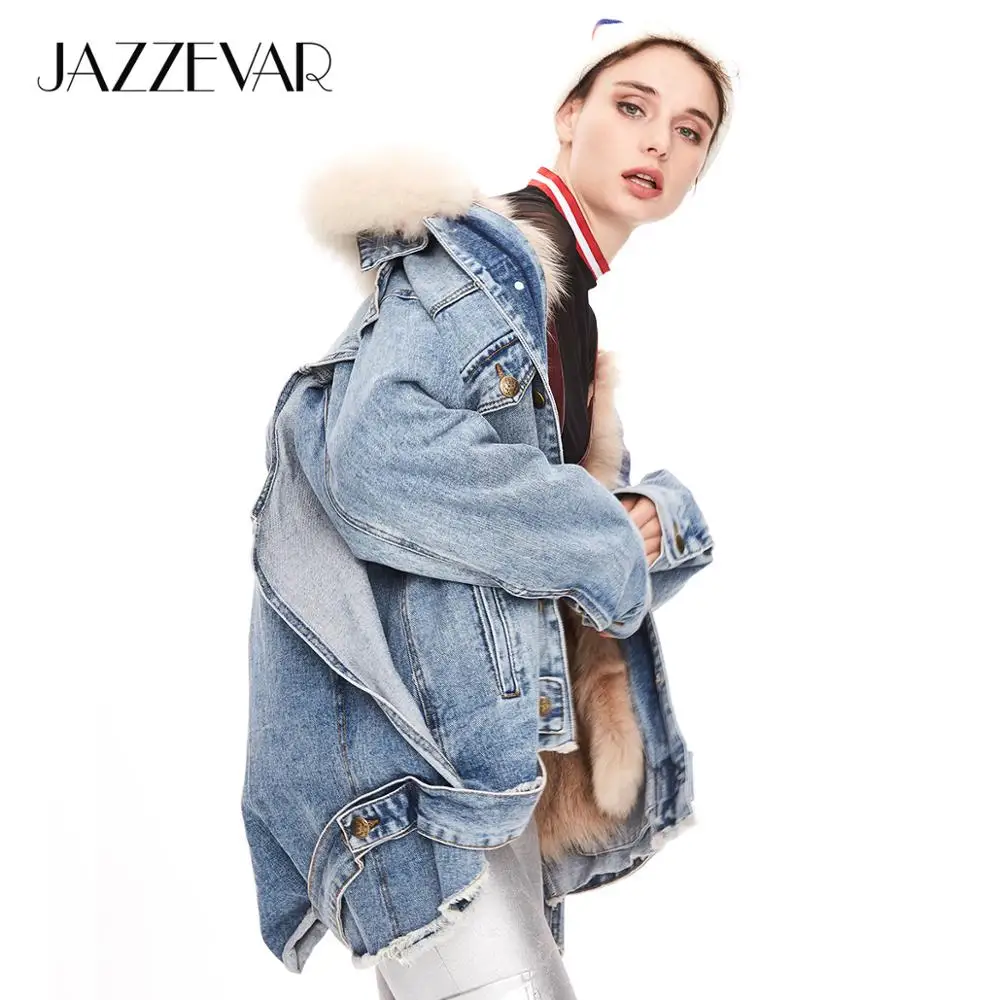 JAZZEVAR 2019 Зима новое поступление джинсовая куртка женская с меховым воротником
