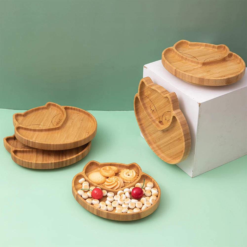 

1pc Creative cute bamboo and Wood dinner Plate divided grid bowl plate animal shape fruit plate bottom suction cup anti-fall