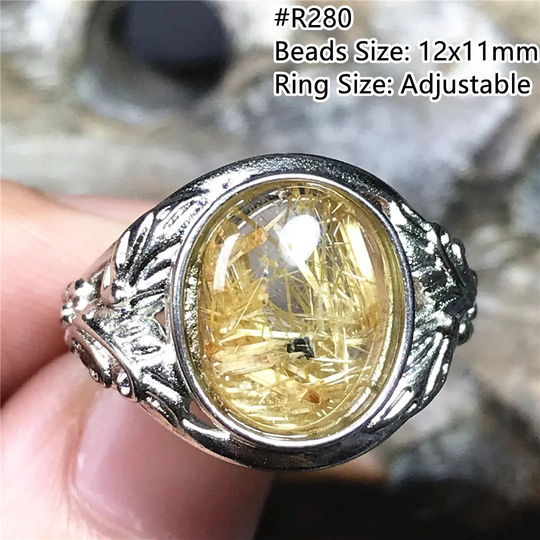 

Natural Gold Rutilated Quartz Ring Jewelry For Women Men Wealth Gift Crystal Silver Oval Beads Gemstone Adjustable Ring AAAAA