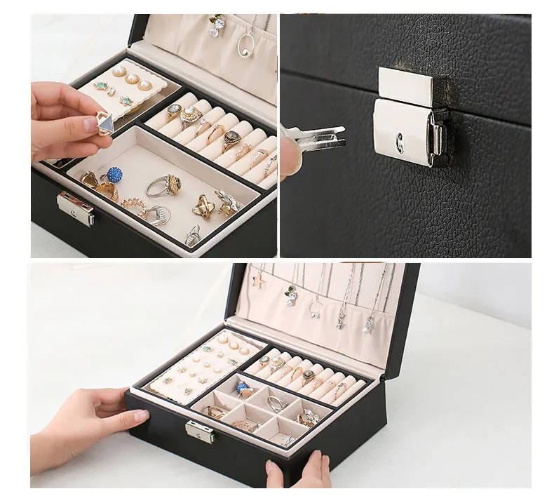 Large Capacity PU Leather jewelry Organizer Box double-layer jewelry Display Makeup Cases Necklace Earrings Ring Storage Holder