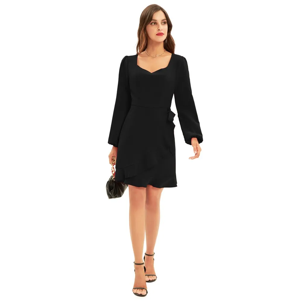 

GK Women Faux Wrap Mini Dress Long Sleeves Ruffled Hem Lantern Long Sleeves Ruffled Casual Knee Length A Line Dress Maxi Vestido