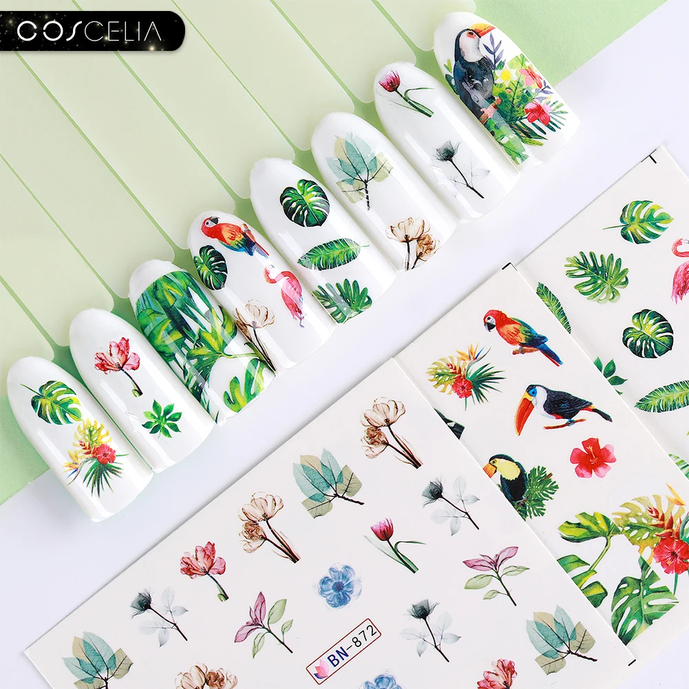 COSCELIA 20 Designs Water Decals Slider Summer Jungle Flamingo Parrot Flora Watermark Nail Sticker Decoration Wraps Manicure |