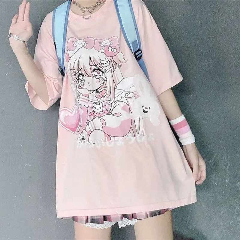 

Summer Harajuku Kawaii Girl Student Shirt Printing Japanese Cotton Short-Sleeved Loose Girlfriends T-Shirt Bottoming Shirt Tide