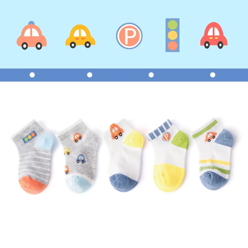 

5 pairs/lot Spring Summer Children Socks Mesh breathable Kawaii Car Pattern Cotton Boys Socks 1-12 Year Kids Short Socks
