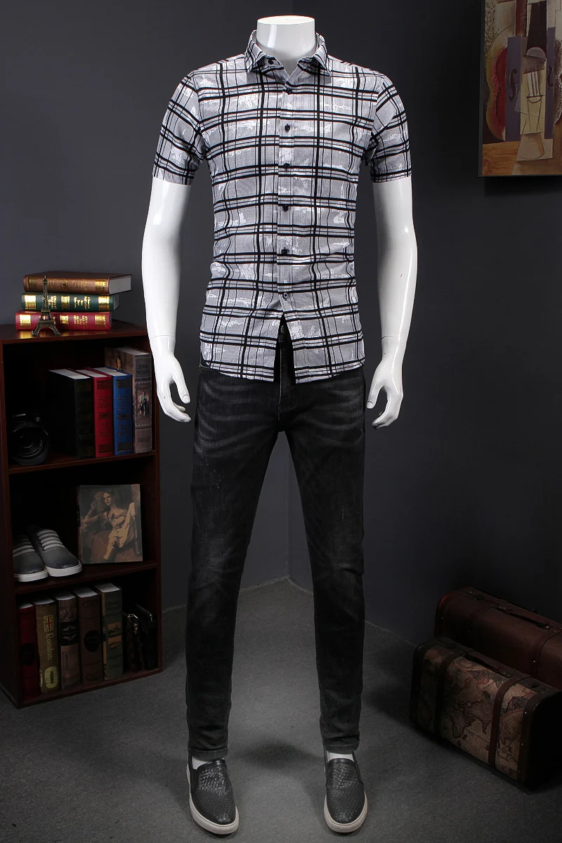 Мужская приталенная рубашка в клетку Повседневная летняя с короткими рукавами и