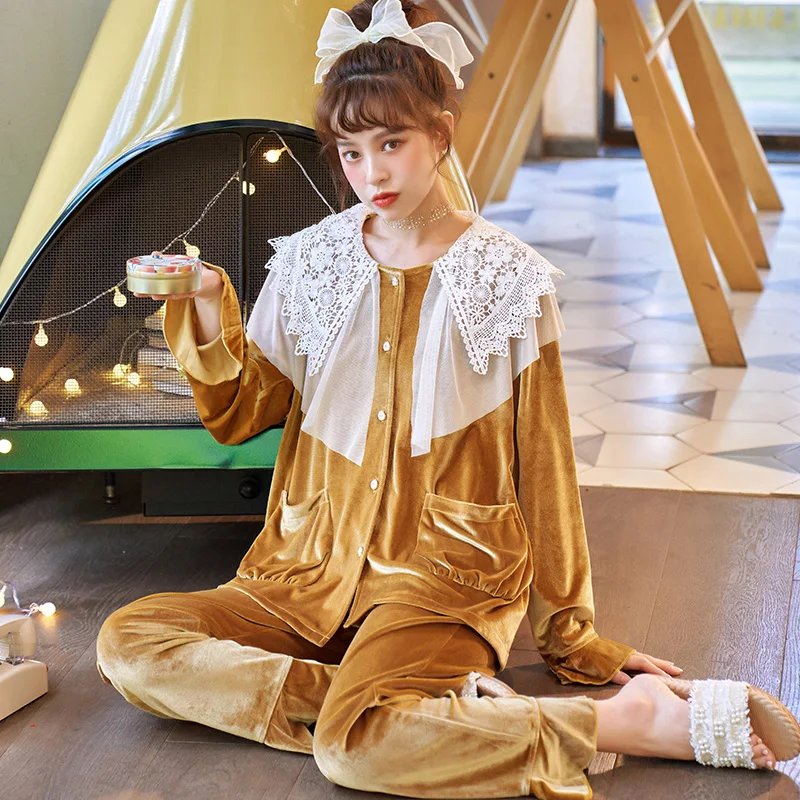

JRMISSLI Womens Pajamas Set Autumn New Princess Home Suit Sleepwear Long Sleeve Gold Velvet Pyjamas Girl Pijama Mujer