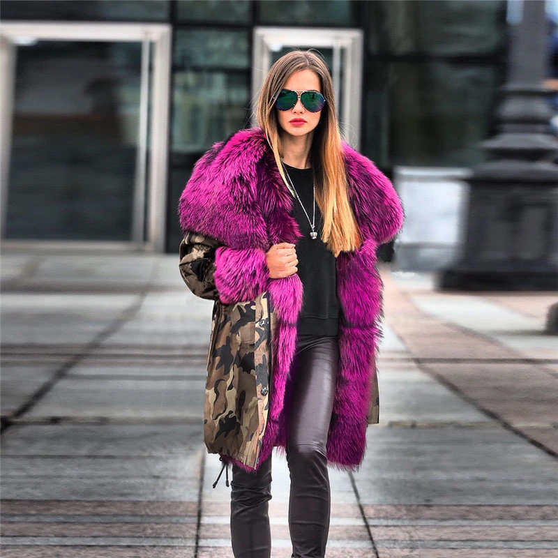 2022 New Plush Camouflage Parka Fashion Faux Fur Collar Winter cotton Jacket European Women Long sleeve Hooded Parkas Coat 2XL