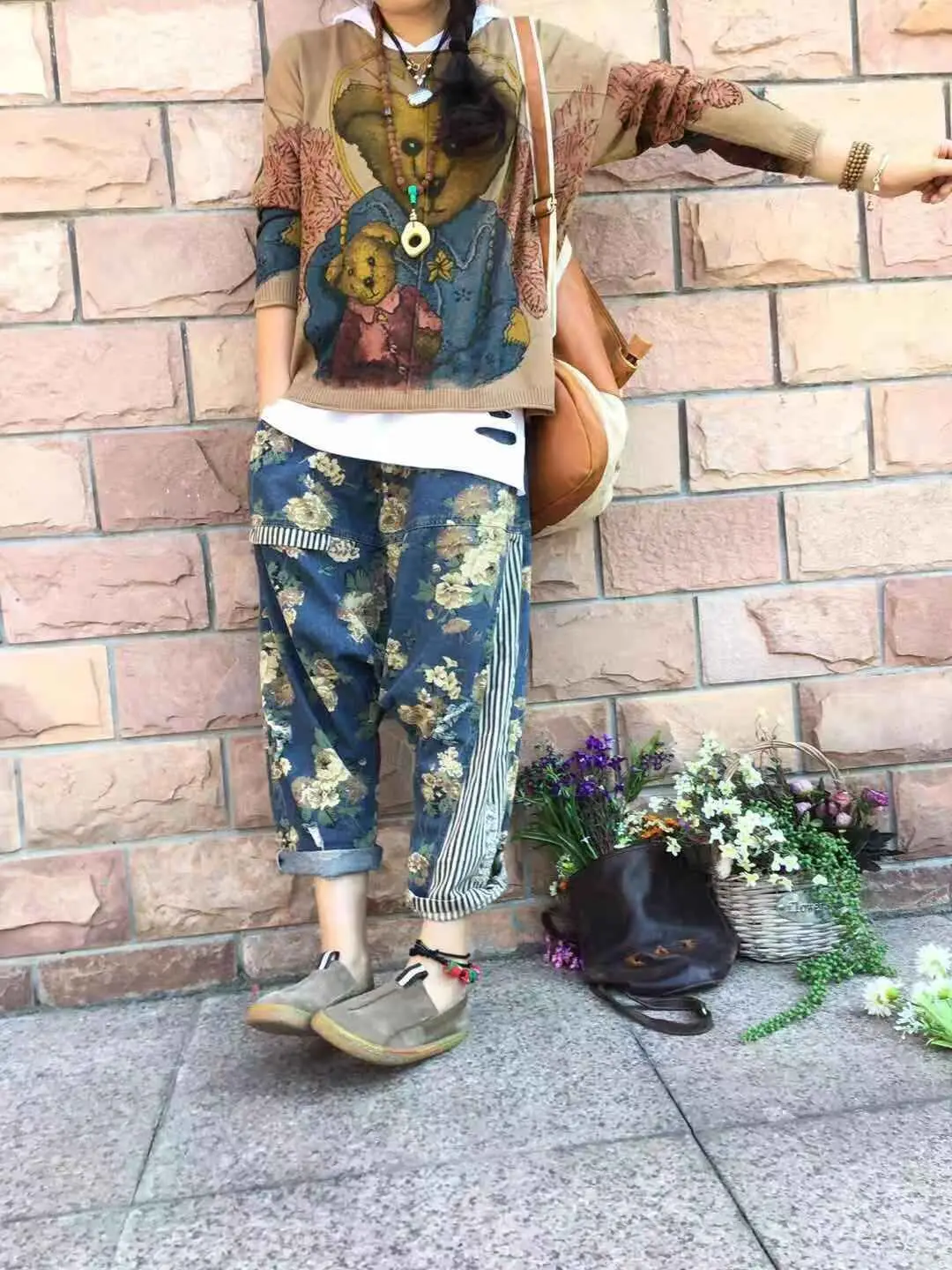 Women Baggy Low Crotch Denim Pants Patchwork Harem jeans Printed hip hop street dance cowboy Trousers Boyfriend Bloomers Joggers