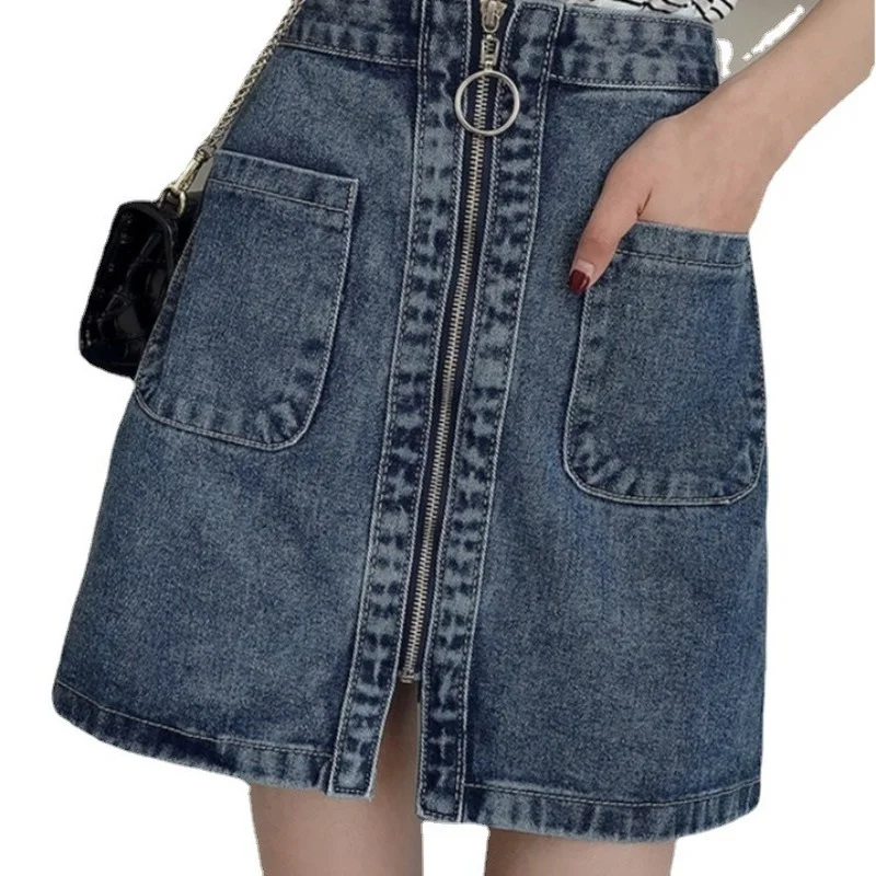 

Women Patchwork Temperament Slim A-line Denim Skirt Female Elegant Korean 2021 Summer Solid Vintage High Waist All Match Skirts