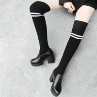 knitting stretchy shoes women black chunky high heels over the knee high motorcycle boots female long shaft platform pumps shoes