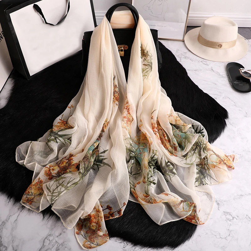 

Палантин женский, Шелковый, летний, с цветочным принтом