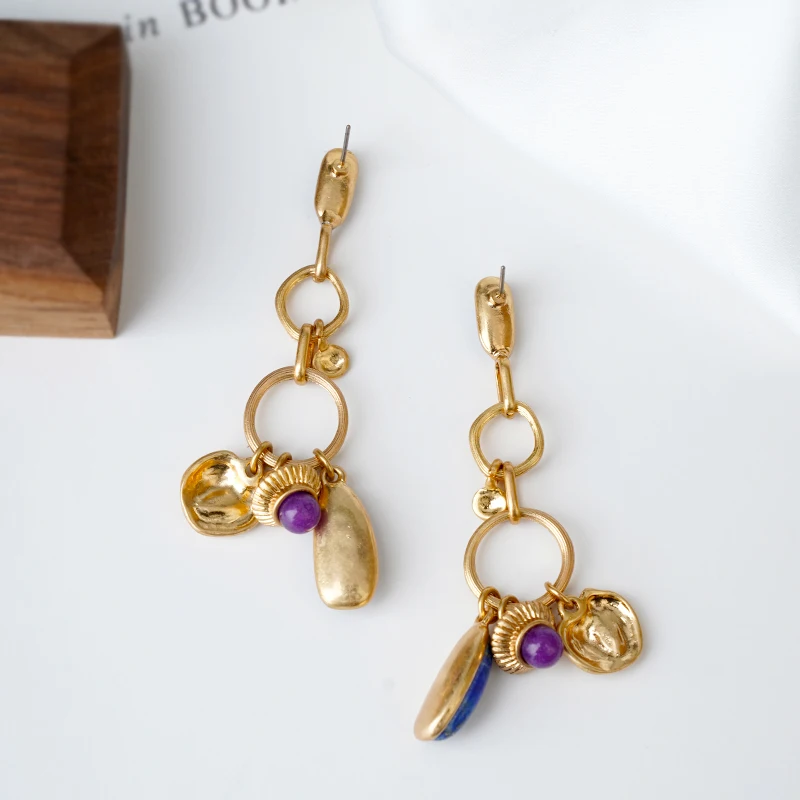 Металлические серьги синяя подвеска натуральный элемент камень геометрический