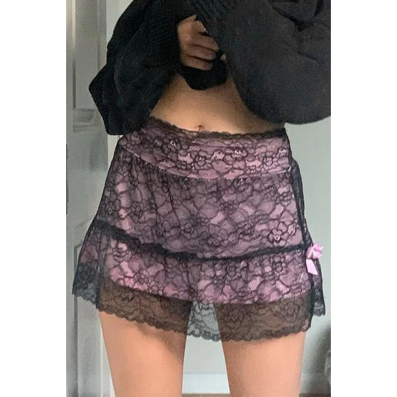 

Patchwork Lace Gothic Skirt Women Punk Style Dark Academia Aesthetic Vintage Streetwear Goth Mini Skirts