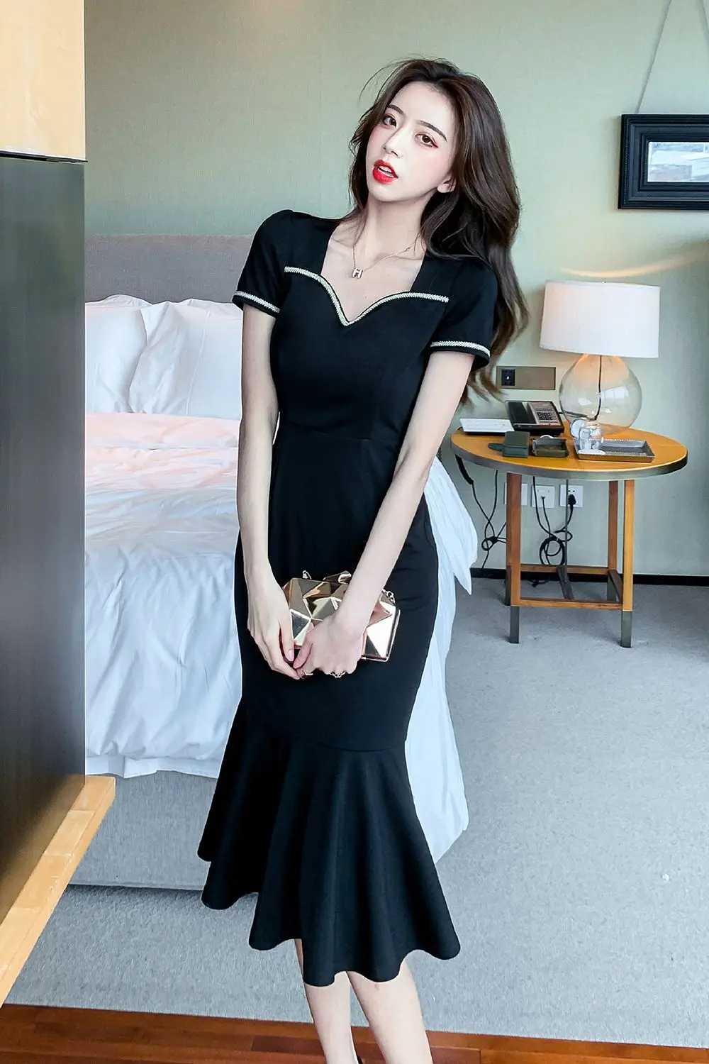 

COIGARSAM French Style Short Sleeve Women dress Dresses Black 3211