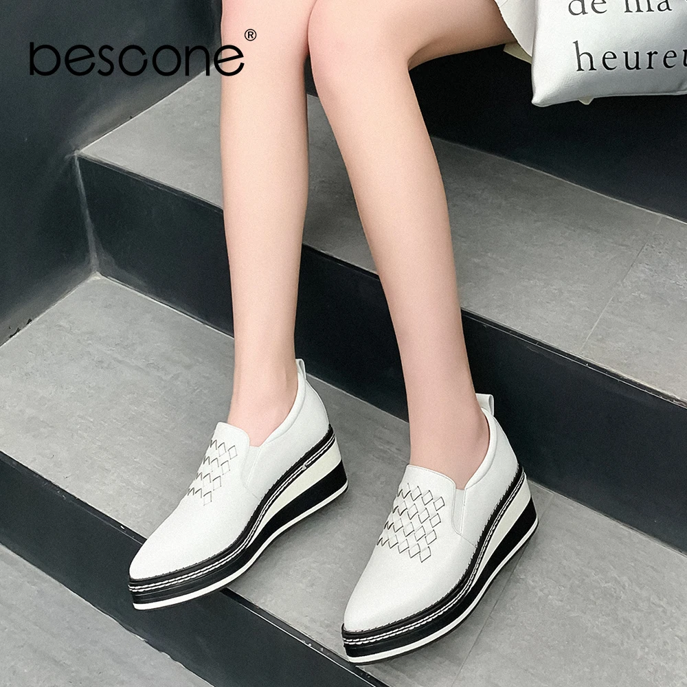 Женские туфли на плоской подошве BESCONE тканые из коровьей кожи удобные платформе