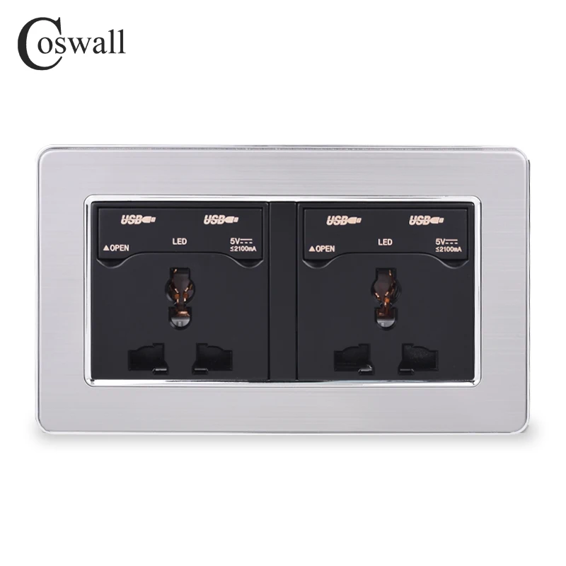 COSWALL 2 банды 13A универсальная настенная розетка+ 4 USB порта для зарядки с светодиодный индикатором панель из нержавеющей стали с пыленепроницаемой крышкой