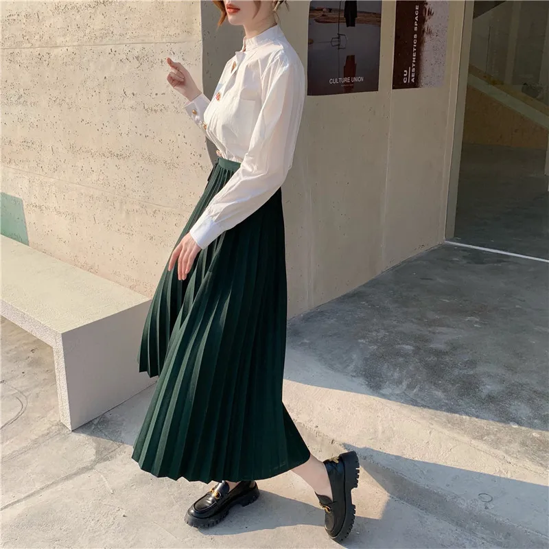 

CBAFU daimonds button puff sleeve tops women blouse pleasted skirt 2 piece set casual tweed long skirts women's set shirts M306