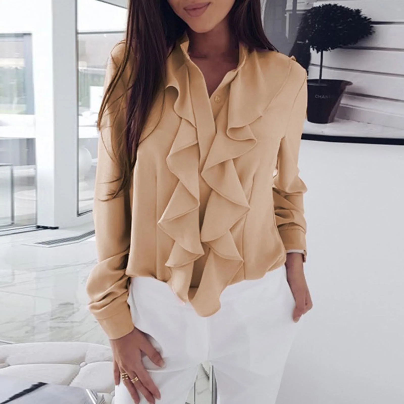 

Женская шифоновая блузка с длинным рукавом и V-образным вырезом