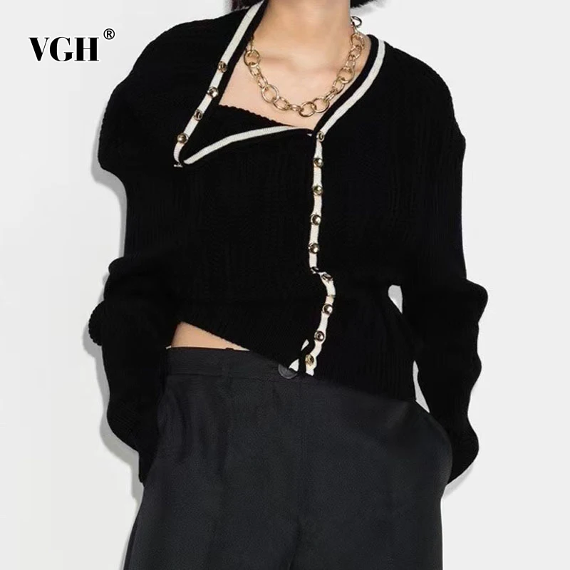 

VGH Casual Slim Patchwork Colorblock Sweater Female Halter Long Sleeve Fashion Temperament Cardigan For Women Style New 2021