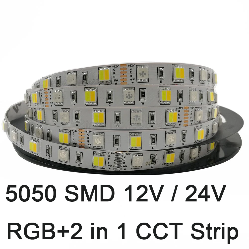 5m 5050 RGBCCT LED Strip RGB+CW+WW 2 in 1 Chip Color Temperature Adjustable LED Tape IP20 IP65 IP67 Waterproof 12V 24V 12mm PCB