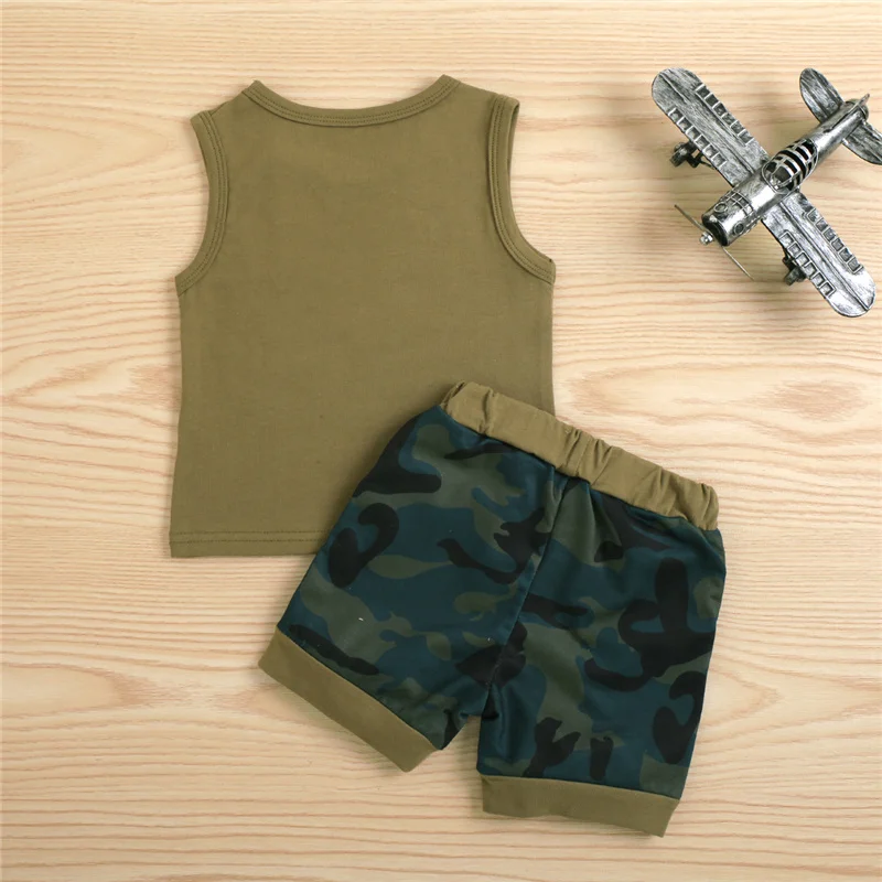 

2021 Baby Boy Summer Fashion Casual Wear 2 Piece Letter Print Sleeveless Top + Camouflage Shorts Set