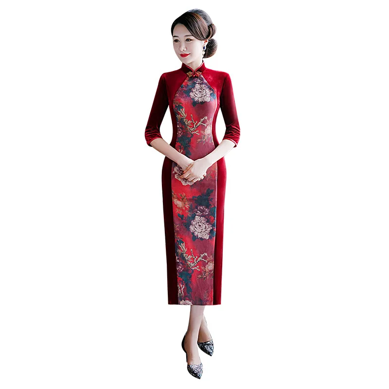 

2019 fall new velvet cheongsam long catwalk stitched improved cheongsam mom Chinese body dress cheongsam chinese dressxxxxl