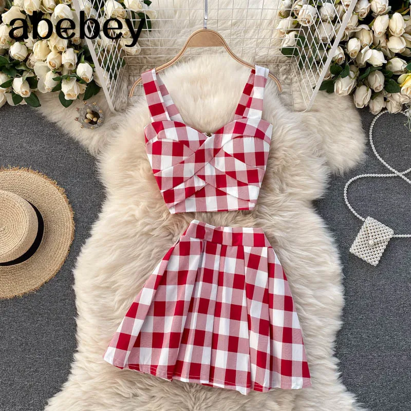 

Women Summer Korean Plaid Suits V Neck Off Shoulder Zipper Strap Short Tops+High Waist A-line Mini Skirt Two Piece Set