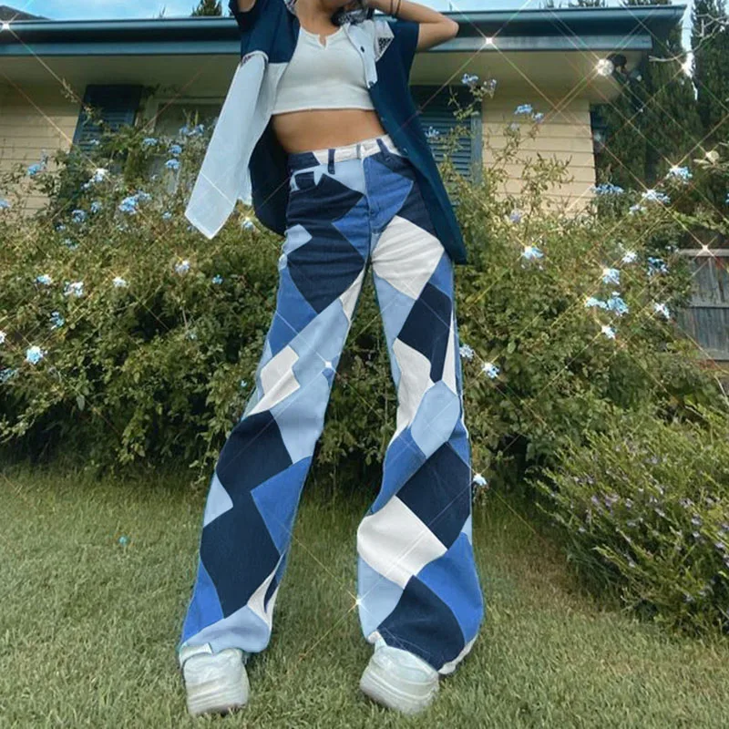 

Blue Argyle Print Straight Pants Chic Women Vintage Streetwear Harajuku Wide Leg High Waisted Sweatpants Y2K Aesthetic Trousers