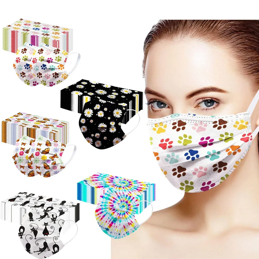

50PCS Adult mask Mixed style Unisex Printed Soft Masks For Adults 3-Layer Face Masks Windproof and dustproof Casual fashion K5
