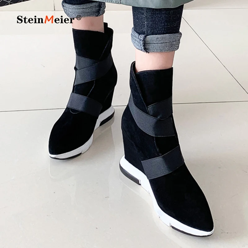 Women Ankle Winter Boots Genuine Suede Leather Platform Rubber Sole Black High Heels Pointed Toe Comfortable Shoes Steinmeier | Обувь