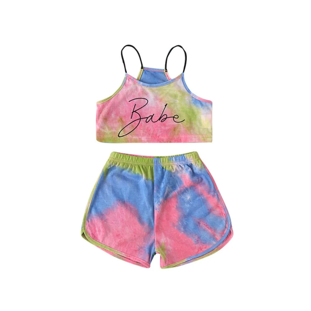 

Toddler Baby Girls Clothes Tie-dye Outfits Sleeveless Spaghetti Straps Tank Tops Elastic Short Pants Clothes Sets