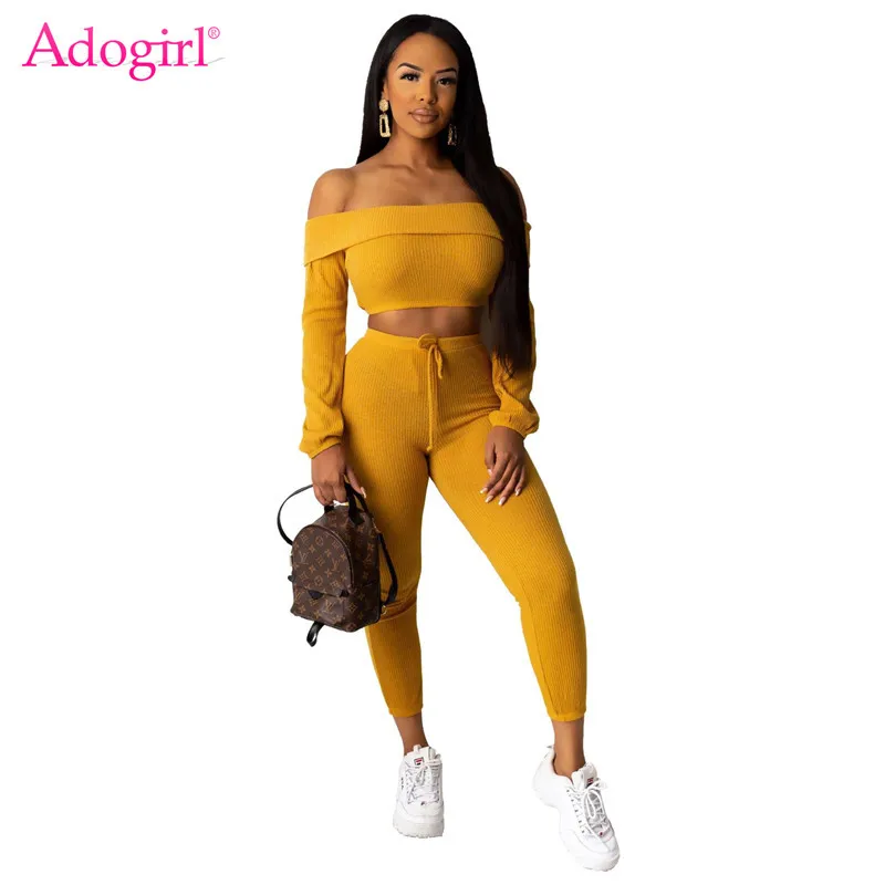 

Adogirl 2020 Spring Casual Ribbed Two Piece Set Folded Slash Neck Long Sleeve Crop Top Pencil Pants Women Fashion Suit Outfits