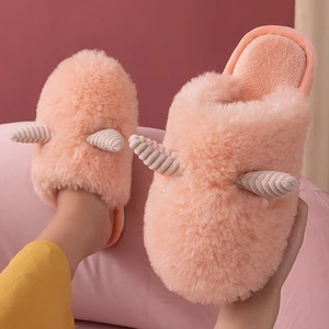 Women Home Indoor Slippers Cozy Hairy Warm Platform Shoes Non-Slip Cute Cartoon Couple Slides Fluffy Short Plush Cotton Slippers