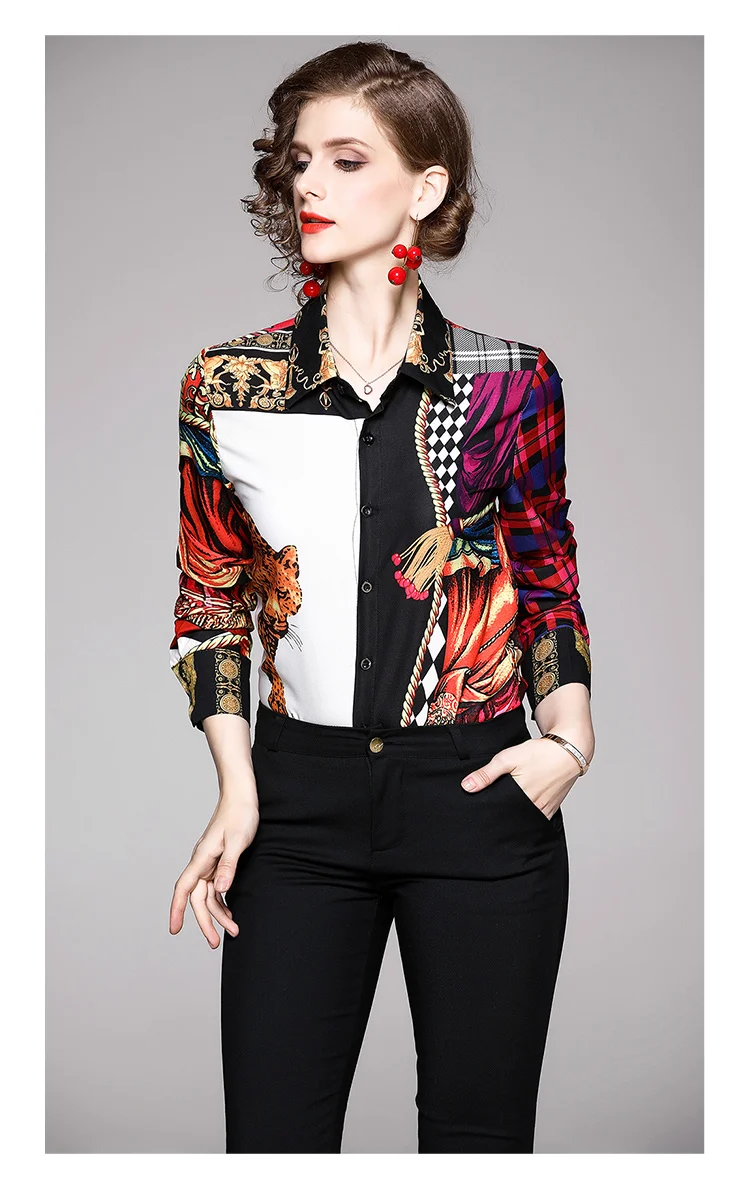 Женские блузы Tiger, Подиумные дизайнерские топы с цветами, Camisa Feminina,, осенние Рубашки с длинным рукавом, офисные женские белые, синие с принтом