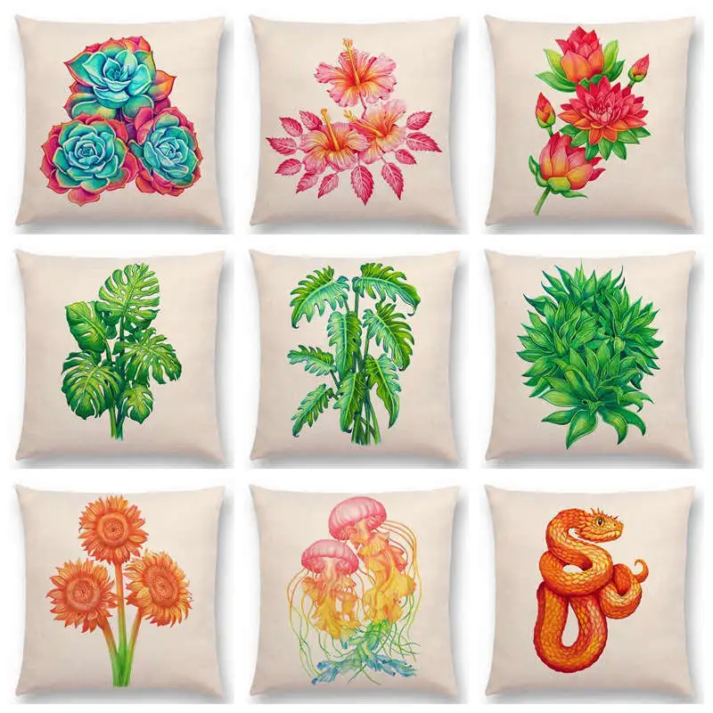 

Watercolor Plants Hibiscus Agave Monstera Philodendron Peony Cushion Cover