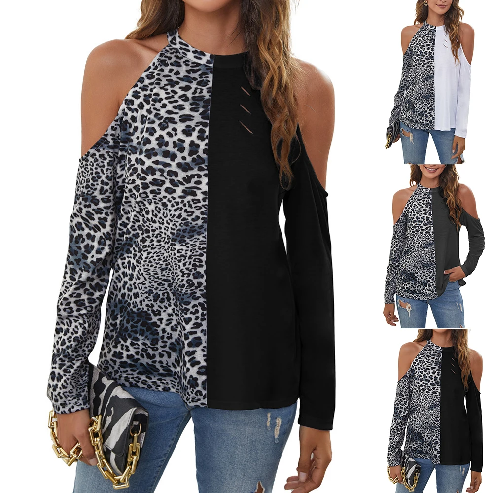 

Women's Leopard Printed Cold Shoulder T Shirt Long Sleeve Ladies Summer Blouse Tunic Casual Tops Crew Neck Casual Tops Clothes